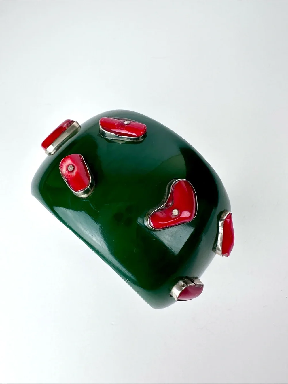 Massive Green Resin & Red Coral Sterling Silver Statement Cuff Bracelet - Picture 7 of 12